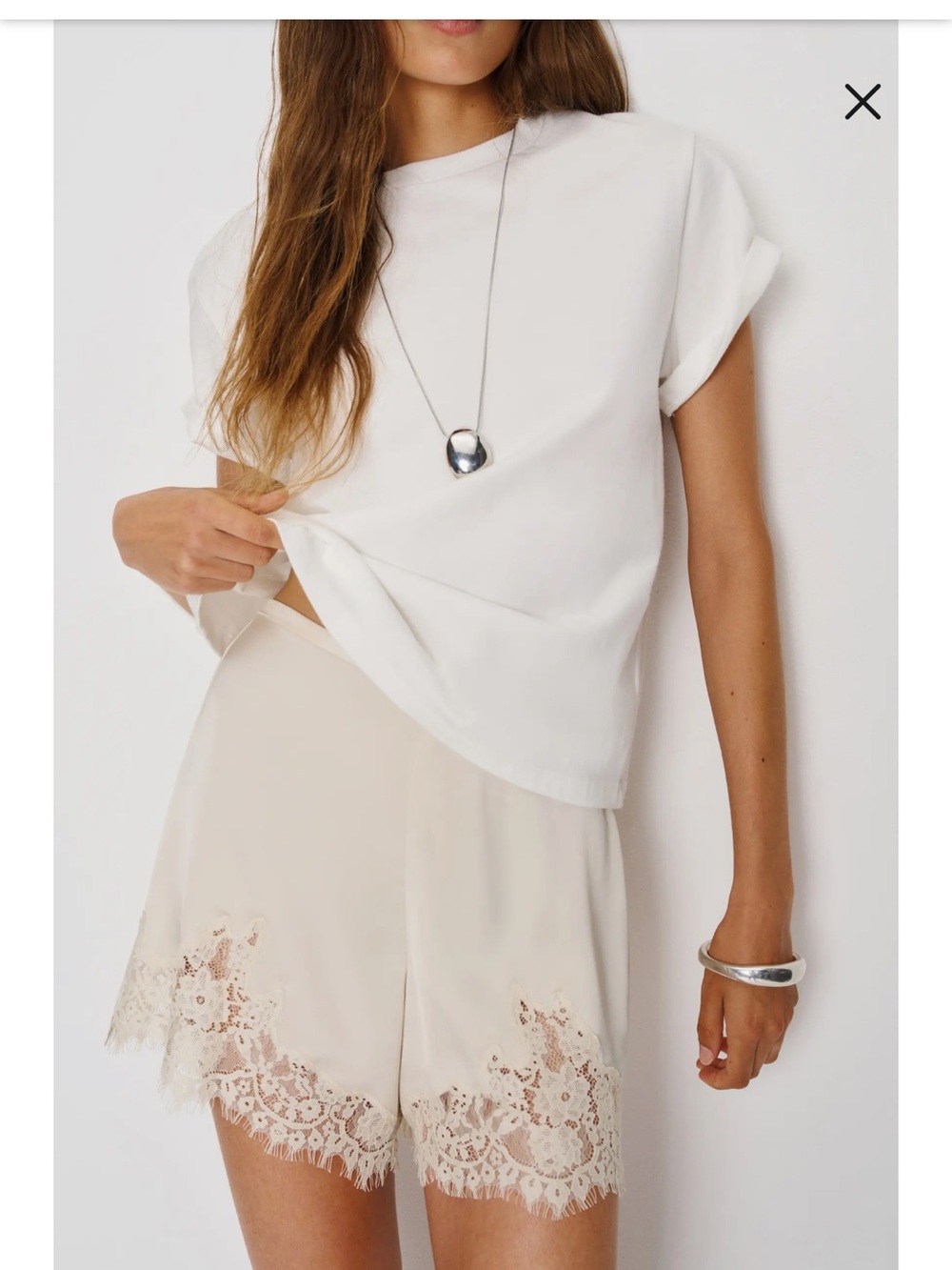 Reformation Cream Satin Lace-Trim Fern Shorts L